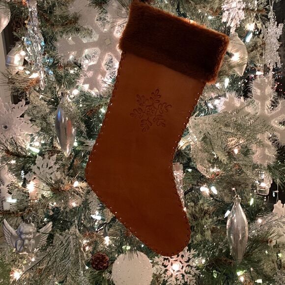 ‎Vintage Leather boho Handmade Christmas Snowflake Brown Fur Tooled Stocking - Picture 3 of 11